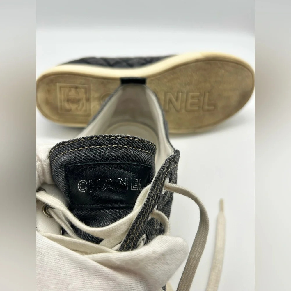 Chanel quilted denim leather lined low top sneakers shoes authentic 38 - Picture 11 of 15